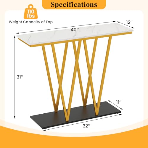 Giantex Gold Console Table, 40” Entryway Table with Faux Marble Top & Sturdy Metal Base, Modern Accent Sofa Table for Entrance, Living Room, Hallway, Foyer Decoration, White Giantex