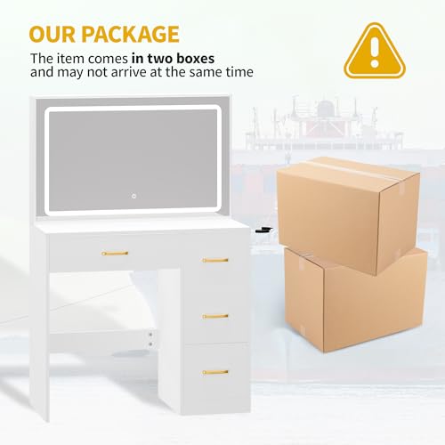 DWVO Makeup Vanity Desk with Large Lighted Mirror with Power Outlet and LED Strip, 3 Color Lighting Modes with Adjustable Brightness, 4 Drawer Vanity Table with Cushioned Stool, Milky-White DWVO