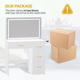 DWVO Makeup Vanity Desk with Large Lighted Mirror with Power Outlet and LED Strip, 3 Color Lighting Modes with Adjustable Brightness, 4 Drawer Vanity Table with Cushioned Stool, Milky-White DWVO