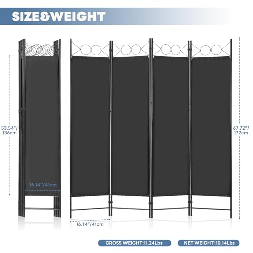 DUMOS 4 Panel Partition Room Divider, 6 Ft Tall Folding Privacy Screen, Freestanding Partition with Steel Frame, Easy Move & Storage, for Home, Office, Bedroom, Black DUMOS