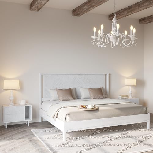 Bme Ethan Solid Wood King Bed Frame with Diamond Headboard - Rustic & Mid-Century Modern - Acacia Wood Platform Bed - Compatible with All Mattresses - No Box Spring Needed - Rustic White Bme