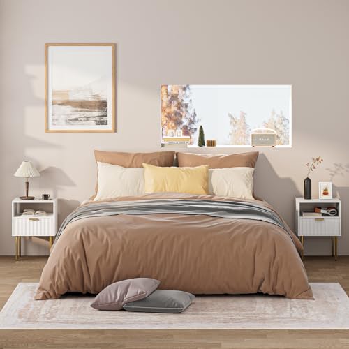 AEPOALUA Night Stand,Modern Bedside Table with Drawer and Shelf,White Night Stand with Gold Frame,Small Side Table for Bedroom,Living Room AEPOALUA