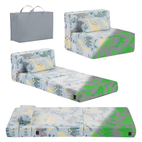 Tiita Kids Folding Sofa Bed Floor Mattress, Trifold Futon Mattress Kids Fold Up Bed, Toddler Fold Out Couch Beds, Foldable Toddler Floor Beds Nap Mat with Storage Bag, Green Dinosaur Tiita