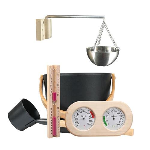 Augustusws Wooden Sauna Bucket with Ladle, 7L Luxurious Finnish Sauna Bucket Sauna Spa Accessories with Ladle Hourglass Thermometer Hygrometer Sauna Aromatherapy Oil Cup Kit Augustusws