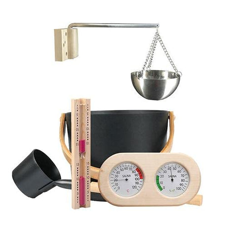 Augustusws Wooden Sauna Bucket with Ladle, 7L Luxurious Finnish Sauna Bucket Sauna Spa Accessories with Ladle Hourglass Thermometer Hygrometer Sauna Aromatherapy Oil Cup Kit Augustusws