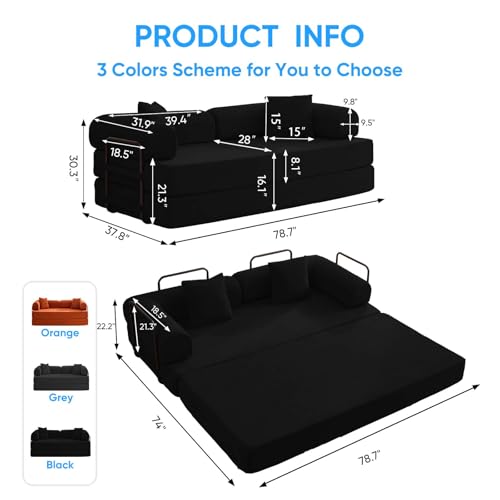 Mjkone 78.7"W Convertible Folding Mattress Couch with Armrest, Corduroy Floor Sofa Bed with Metal Fixed-Shape Frame, 5-in-1 DIY Futon Lazy Sofa Cama Lounge Couch for Living Room Bedroom Studio, Black Mjkone