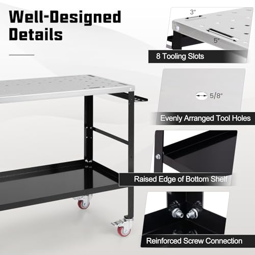 Goplus Rolling Welding Table, 1200 lbs Welding Workbench Table Top w/4 Lockable Wheels, Tool Rack & Tray, 5/8” Holes, 8 Tool Slots, 2 Nozzle Holders, 36” x 18” Welding Fixture Table for Shop  - WoodArtSupply