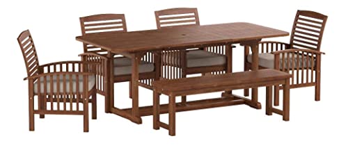 Walker Edison Maui Modern 6 Piece Solid Acacia Wood Slatted Outdoor Dining Set, Set of 6, Dark Brown - WoodArtSupply