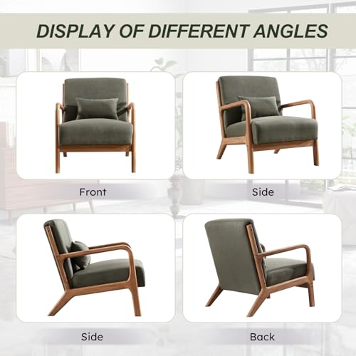 IOMOR Accent Chair Mid Century Modern Chair Linen Fabric Living Room Chairs with Solid Wood Frame Comfy Upholstered and Lumbar Pillow Reading Side Chair Easy Assembly for Bedroom Room (1, Linen Green) IOMOR