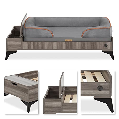 TailZzz Wooden Dog Bed with Mattress, Large to Extra Large Water-Resistant Elevated Pet Bed, Wooden Pet Bed with Storage, Greenguard Gold Certified, Machine Washable, Smokey Grey, Wyatt TailZzz