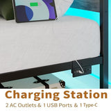 PUNICE Twin Size Bed Frame with Charging Station, LED Light Metal Bed Frame with Wooden Headboard, No Box Spring Required, No Noise, Easy Assembly, Light Grey PUNICE
