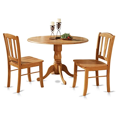 East West Furniture DLIN3-OAK-W 3 Piece Set for Small Spaces Contains a Round Dining Room Table with Dropleaf and 2 Wood Seat Chairs, 42x42 Inch - WoodArtSupply