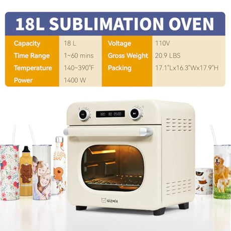 GIZMIX 18L Sublimation Oven for Tumblers, Mugs & Bottles, Digital Heat Press Convection Oven with 360° Heating, Precise Temperature Control, Fits Multiple Items, Includes Heat Resistant Gloves GIZMIX