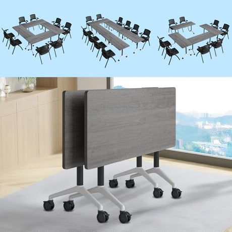 Folding Conference Table, Conference Room Tables for 6-12 Person, Modern Modular Training Table with 360° Silent Wheels, Large Mobile Foldable Seminar Meeting Tables for Office (2, Grey2, 55.1in) Jklmzpf