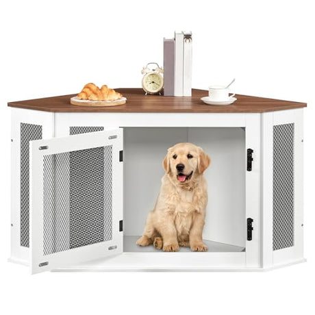 MAHANCRIS Corner Dog Crate Furniture, Wooden Dog Kennel End Table, Decorative Pet Crate Indoor Use, Furniture Style Dog House for Small Medium Dog, Dog Cage TV Stand, White and Walnut DCBA0801 MAHANCRIS