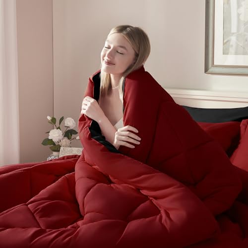 ELNIDO QUEEN® Queen Comforter Set 7 Pieces, Red and Black Bed in a Bag Queen Size, Bed Set All Seasons Bedding Sets with Reversible Comforter, Flat Sheet, Fitted Sheet, Pillowcases and Pillow Shams ELNIDO QUEEN