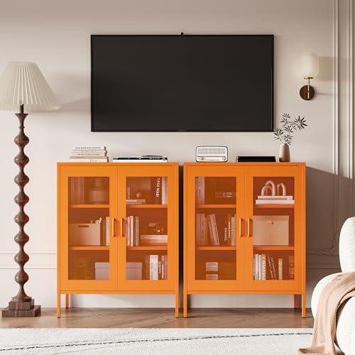 Chshin Metal Locker Storage Cabinet with 2 Mesh Doors and Adjustable Shelves,Orange Metal Locker Cabinets,Coffee Bar Cabinet,Kitchen Pantry Storage Cabinets for Home,Sideboard,Office(40" H) Chshin
