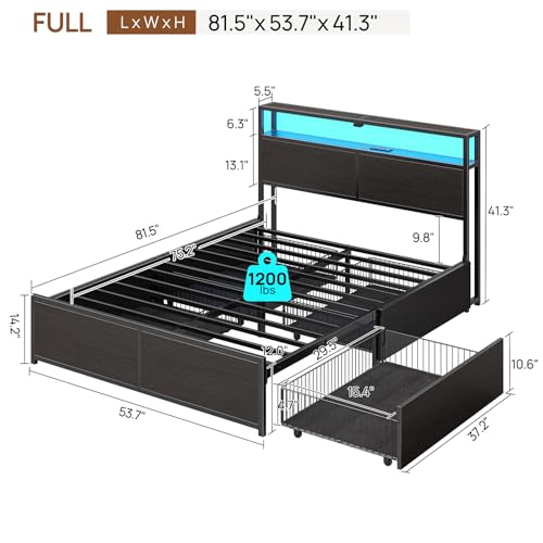 Rolanstar Full Size Bed Frame with 4 Storage Drawers, Charging Station and LED Lights, Metal Platform Bed with 2-Tier Storage Headboard, No Box Spring Needed, Easy Assembly, Noise-Free, Black Rolanstar