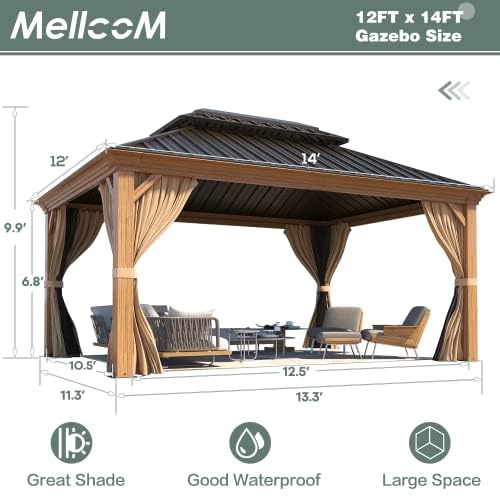 MELLCOM 12' X 14' Hardtop Gazebo, Wooden Finish Coated Aluminum Frame Gazebo with Galvanized Steel Double Roof, Brown Metal Gazebo with Curtains and Nettings for Patios, Gardens, Lawns - WoodArtSupply