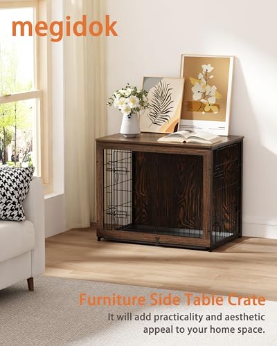 Megidok Wooden Dog Crate Furniture with Cushion,Medium Dog Crate End Table with Tray, Double Doors Kennels Indoor (32" L*22" W*26" H, Rustic Style) Megidok