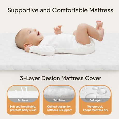Baby Bassinet Bedside Crib, 3-in-1 Baby Bassinet Bedside Sleeper with Mattress and Soft, Breathable Sheet, Full-Mesh Sides, 6-Height Adjustable, Stable and Secure Crib for Newborns BabyBond