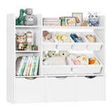 FACBOTALL Toy Storage Organizer with 3 Movable Drawers, Kids Bookshelf with 6 Plastic Bins & 2 Storage Cubbies, Toy Chest with Hidden Wheels, Toy Storage Box for Playroom, Classroom, Kids Room, White FACBOTALL