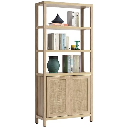 SICOTAS 5-Tier Rattan Boho Bookshelf with Doors - Tall Farmhouse Storage Bookcase for Living Room, Bedroom, and Office - WoodArtSupply