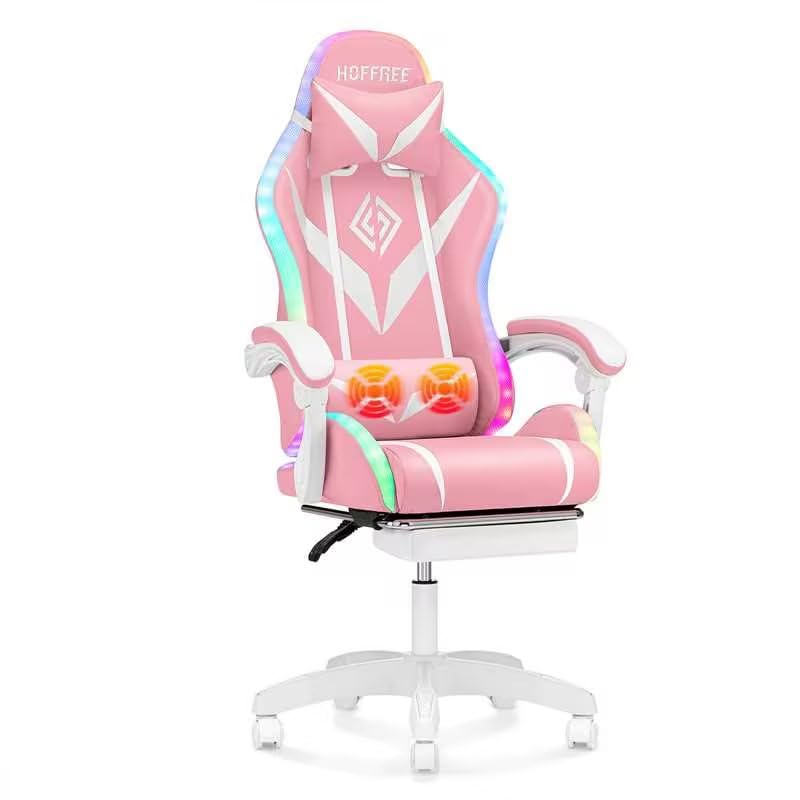 Gaming Chair with LED Lights Massage Ergonomic Video Game Chairs with Footrest High Back Reclining Computer Chair with Lumbar Support Adjustable Footrest Pink and White VANSPACE