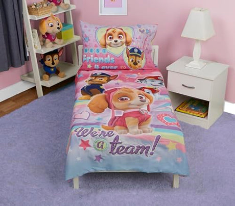 Paw Patrol Skye We're A Team 4 Piece Toddler Bedding Set - Includes Comforter, Sheet Set - Fitted + Top Sheet + Reversible Pillow Case for Girls Bed, Pink Paw Patrol