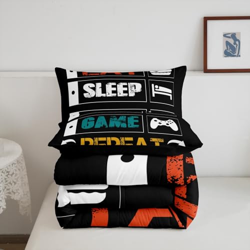 Boys Gaming Comforter Sets for Kids Twin Size Gamer Bedding Set Teens Video Games Comforter Duvet Room Decor Funny Creative Eat Sleep Game Repeat Design Reversible Inner Fill Quilt Set All Season Feelyou