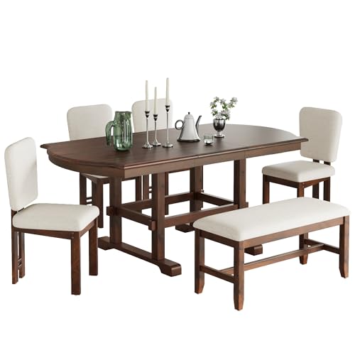 Ball & Cast 6 Pieces 78inch Extendable Wood Dining Table Set with Bench,Traditional Kitchen Table Set w/ 18inch Removable Leaf and 4 Upholstered Dining Chairs,for 5 People Dining Room,Espresso+Beige Ball & Cast