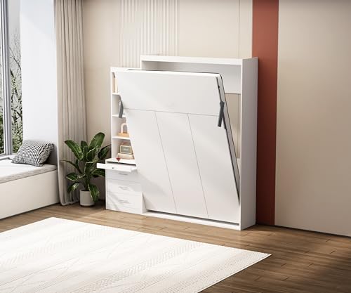 Harper & Bright Designs Full Size Murphy Bed, Morden Full Vertical Murphy Bed Frame with Shelf and Drawers, Wall Bed Hidden Bed Gas Struts, White Harper & Bright Designs