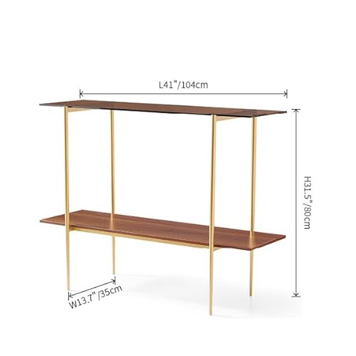 AGV 202401 2-Tier Glass Wood Console Table, Mid-Century Modern Style, Perfect for Living Room, Entryway, Foyer, D41×H31.5, Amber Glass Top & Walnut Wood Top & Gold Finish Metal Frame AGV LIGHTING