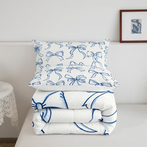 Feelyou Blue Bow Bedding Set Cute Bowknot Comforter Set for Kids Boys Girls Teens Room Decor Princess Comforter Twin Size Girly Kawaii Duvet Set 2Pcs Feelyou