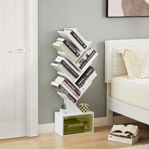 VECELO 7-Tier Tree Bookshelf with Drawer, Wooden Tree-Shaped Book Display Shelves for CDs/Magazines/Books, FreeStanding Geometric Bookcase Organizers for Home Office, Ivory White