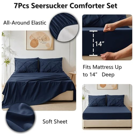 CozyLux Queen Comforter Set Navy Blue, 7 Pieces Pintuck Bed in A Bag, Premium Blue Comforter Queen Size, Pinch Pleat Bedding Sets with Comforter, Sheets, Pillowcases & Shams CozyLux