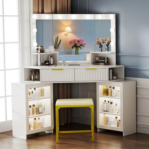 SKKTKT Vanity Desk with LED Lights Mirror & Power Outlet – Corner Design, Makeup Vanity Table Set with Storage Drawers & Chair, 3 Lighting Modes for Living Room/Bedroom, Ideal for Gift (White) SKKTKT