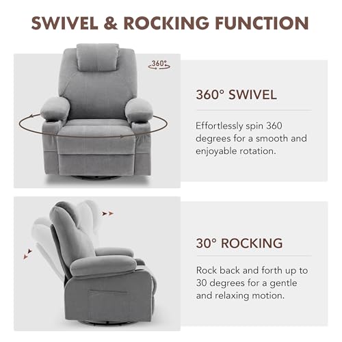 Weture Swivel Rocker Recliner Chair with Heat and Massage, Big Oversized Rocking Single Sofa for Living Room, 360 Degree Swivel Recliner Chair with Cup Holders and USB Port (Fabric, Grey) Weture
