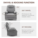 Weture Swivel Rocker Recliner Chair with Heat and Massage, Big Oversized Rocking Single Sofa for Living Room, 360 Degree Swivel Recliner Chair with Cup Holders and USB Port (Fabric, Grey) Weture