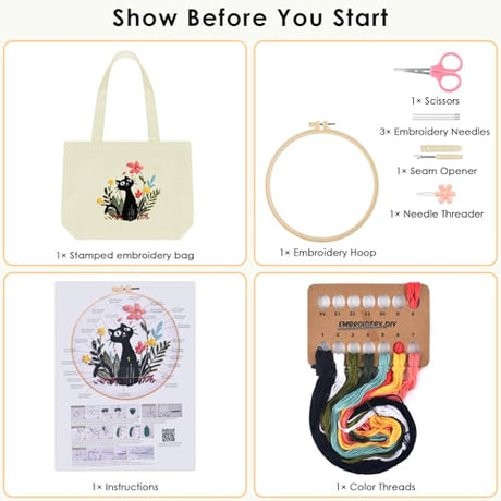 ERKOON Canvas Tote Bag Embroidery Kit for Beginners, Floral Arts Crafts Cross Stitch Kits for Adults Including Stamped Embroidery Bag with Hoops, Needle, Instruction and Color Threads (Cat) ERKOON