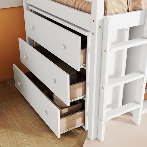 SOFTSEA Twin Size Low Loft Bed with Desk and Storage, Twin Size Loft Bed with Portable Desk, Storage Drawers & Shelves for Kids Teens, Wood Loft Bed with Bookshelf, White SOFTSEA