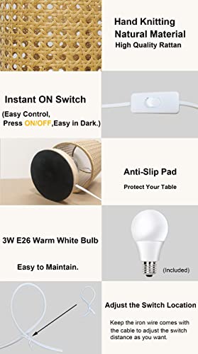 AFORTLO Table Desk Lamp,Small Rattan Hollow-Out Bamboo Boho Decorative Nightstand Night Light Solid Wood Base Lamp for Bedroom,Living Room,End Table or Office with Bulb(Rattan Hollow-Out) AFORTLO