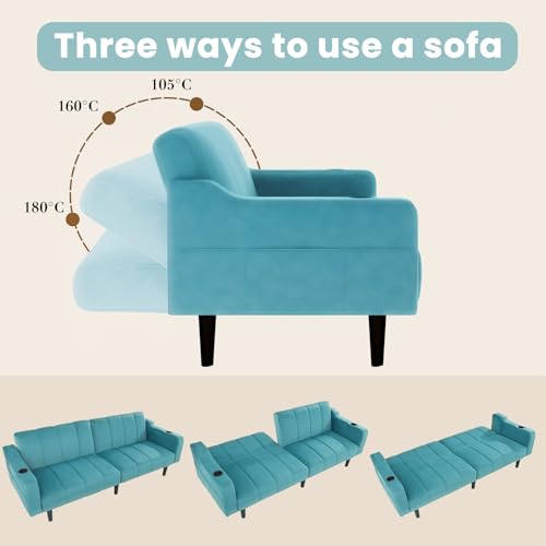 Chfeloai 80" Velvet Futon Sofa Bed, Convertible Sleeper Loveseat with Cup Holders & Storage Pockets, Mid Century Modern Couch for Living Room, Bedroom, Office, Small Space (Teal Blue) Chfeloai