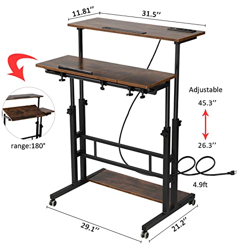 Hadulcet Mobile Standing Desk Adjustable Height, Rolling Desk Stand Up Desk, Mobile Laptop Desk, Rolling Computer Desk with Charging Station, Portable Desk with Wheels, Rustic Brown Hadulcet