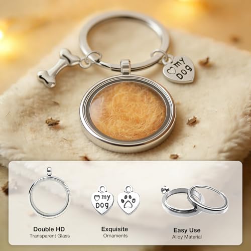Dog Hair Keepsake Keychain – Dog Fur Locket, Stainless Steel Pet Fur Memorial Keychain with Heart & Bone Charms, Sympathy Gift for Dog Lovers