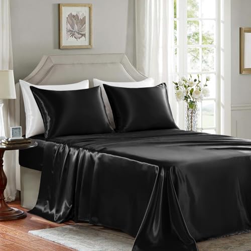 GOLAL Satin Sheets King Size - 4 Pieces Luxury Silky Soft Bed Sheets, Wrinkle-Free Black Satin Silk Sheet Set with 1 Deep Pocket Fitted Sheet, 1 Flat Sheet, 2 Pillow Cases GOLAL