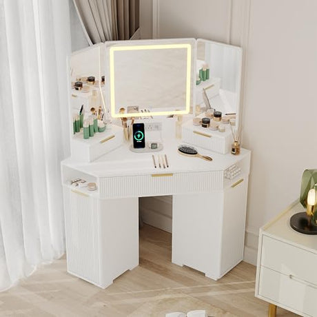Garvee White Corner Vanity, Corner Vanity Desk with Mirror and Lights, Fluted Makeup Table with Charging Station, Drawers, Storage Cabinets Garvee