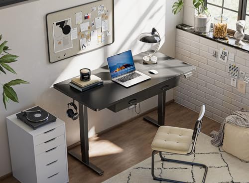 FEZIBO Adjustable Height Electric Standing Desk with Double Drawer, 55 x 24 Inches Stand Up Home Office Desk with Splice Tabletop, Black Frame/Black Top FEZIBO