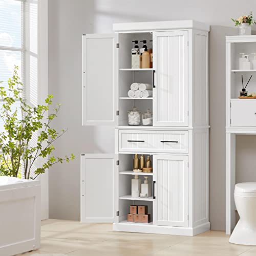 Topeakmart 72.5" Kitchen Pantry with Large Drawer, Wooden Pantry Cabinet Cupboard with Doors and Adjustable Shelves, Storage Cabinet Organizer for Kitchen, Dining Room, Living Room, White Topeakmart
