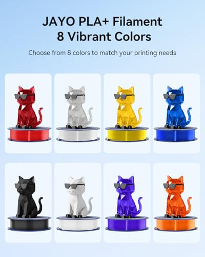 JAYO PLA+ Filament Bundle 1.75mm, 3D Printer Filament Bundle Multicolor, Individually Vacuum Packed, 250g Spool, 8 Pack, 2KG in Total, Black+White+Transparent+Clear(Blue+Red+Orange+Yellow+Purple) JAYO
